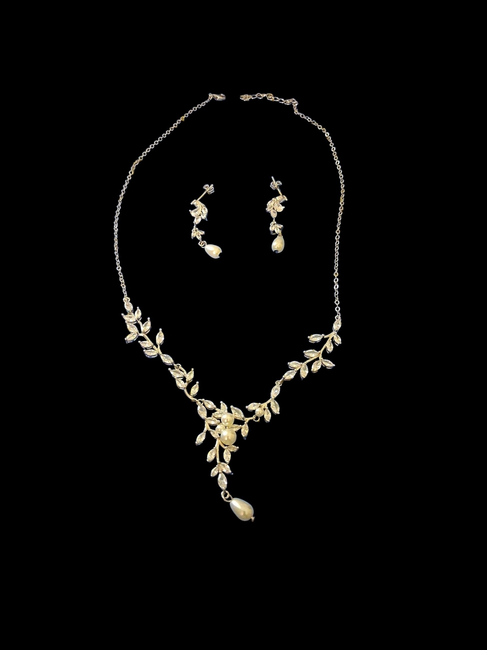 Elegant Silver Tone and Faux Pearl Drop Necklace & Earring Bridal Set